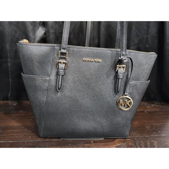 Michael Kors Charlotte Large Saffiano Black Leather Top-Zip Tote Bag/Excellent U - Picture 2 of 6